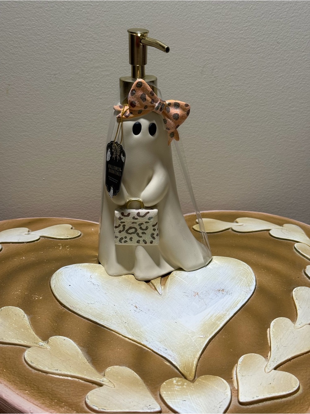 Hallowed Hauntings Halloween Ghost with Leopard Purse & Bow Soap Dispenser